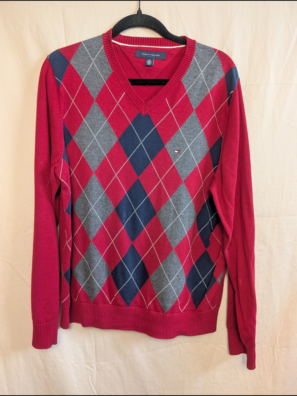 Tommy Hilfiger Red Argyle V-Neck Sweater with Navy and Gray Diamonds
